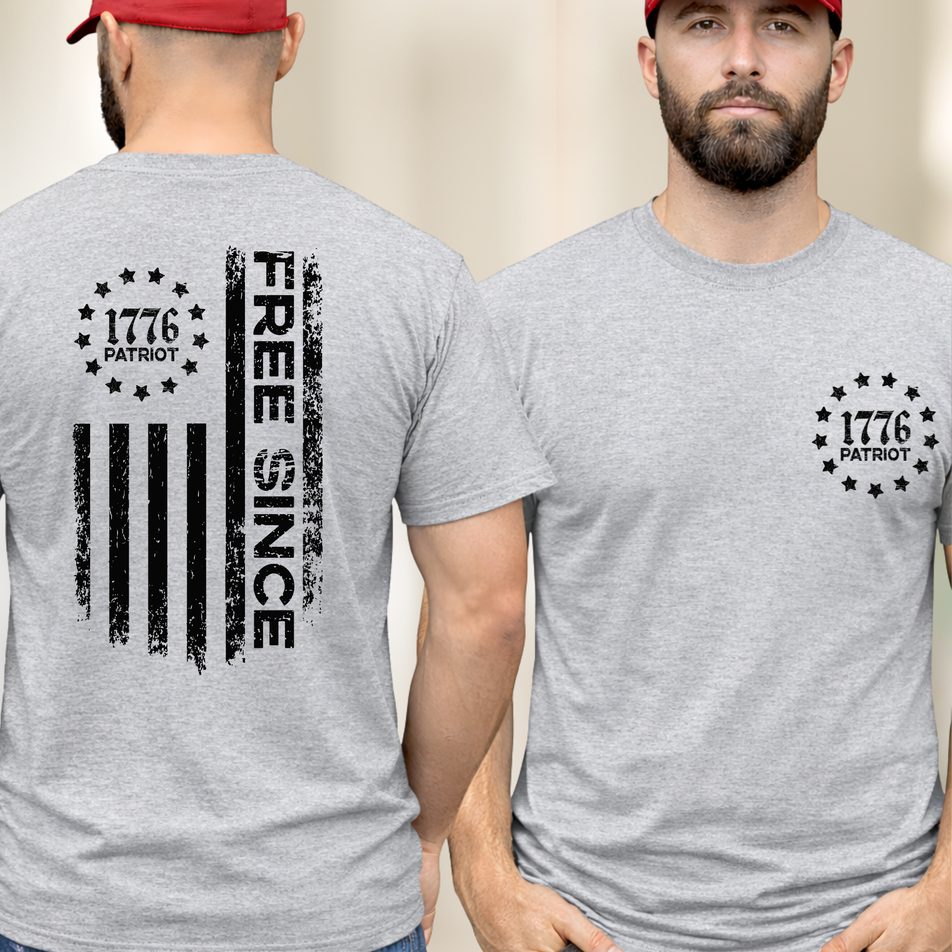 Man wearing a gray t-shirt with '1776 Patriot' design on front and back.