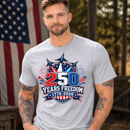Man wearing a gray t-shirt with a 250 Years Freedom design in front of an American flag.