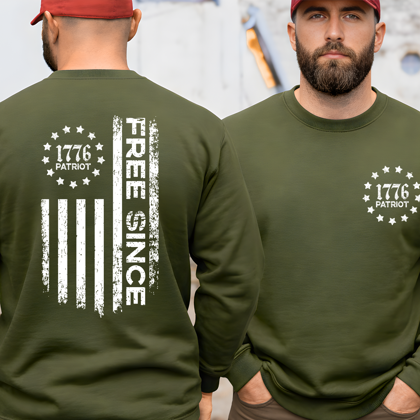 Man wearing a green sweatshirt with '1776 Patriot' design on the front and back.