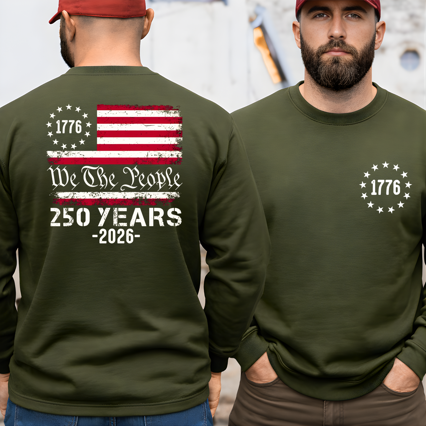 Man wearing a green sweatshirt with a design celebrating 250 years of 'We The People' from 1776 to 2026.