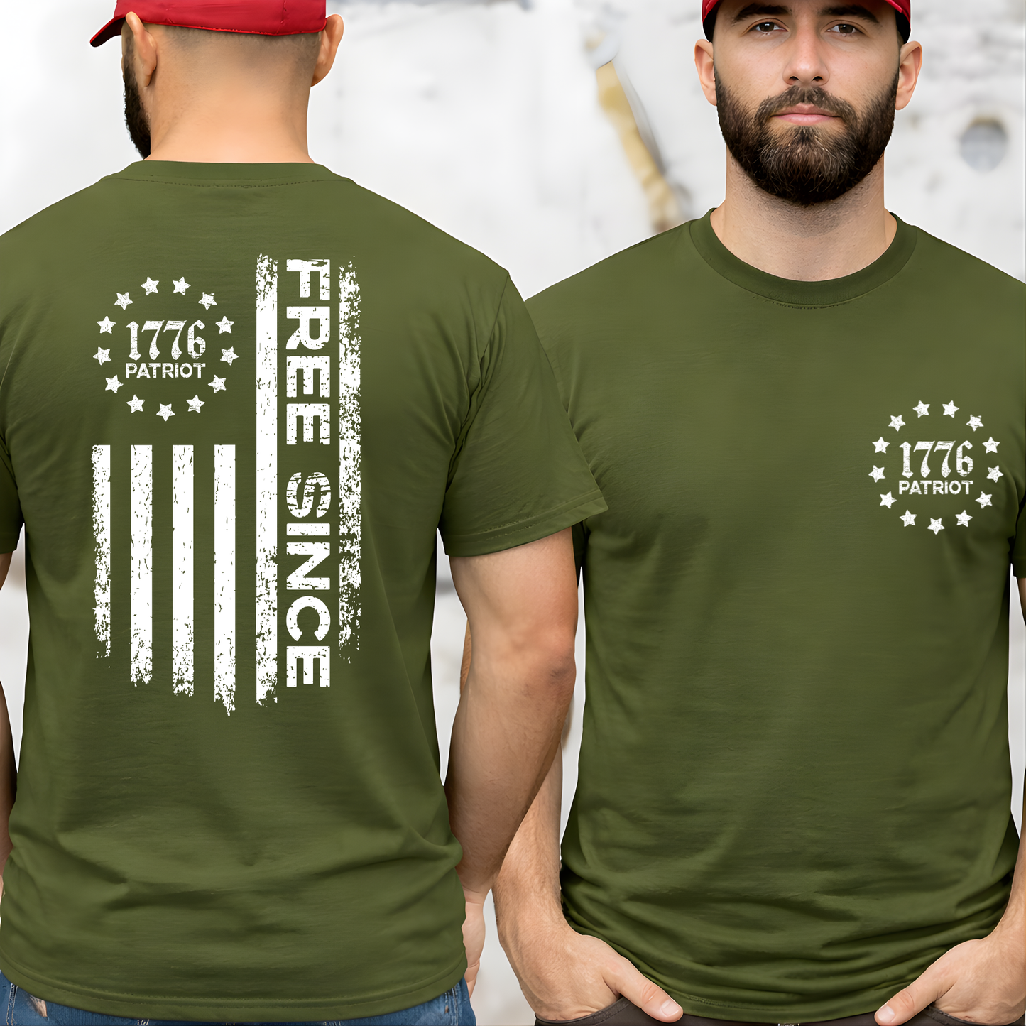 Man wearing a green t-shirt with '1776 Patriot' design on the front and back.