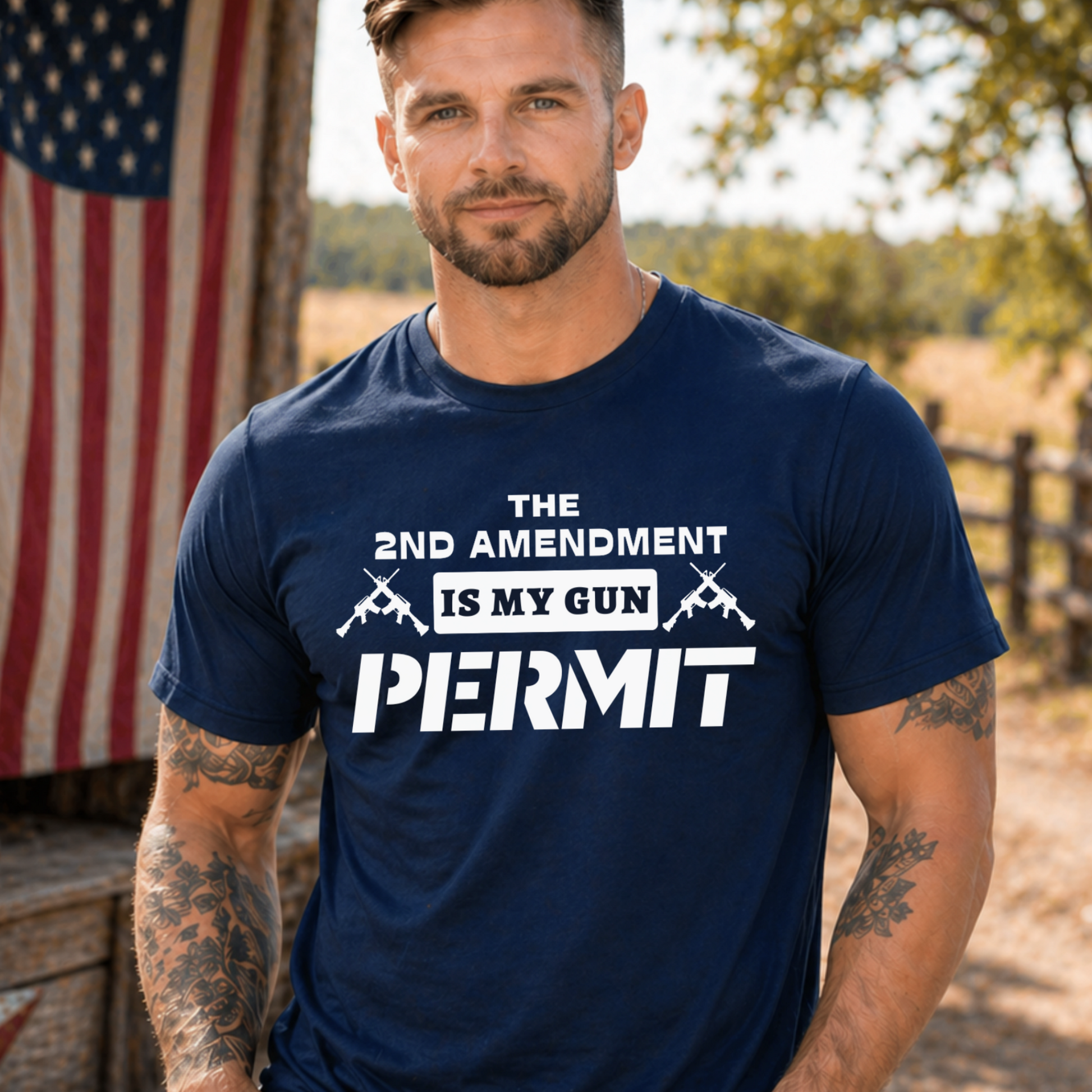 Man wearing a navy blue 2nd Amendment Tshirt