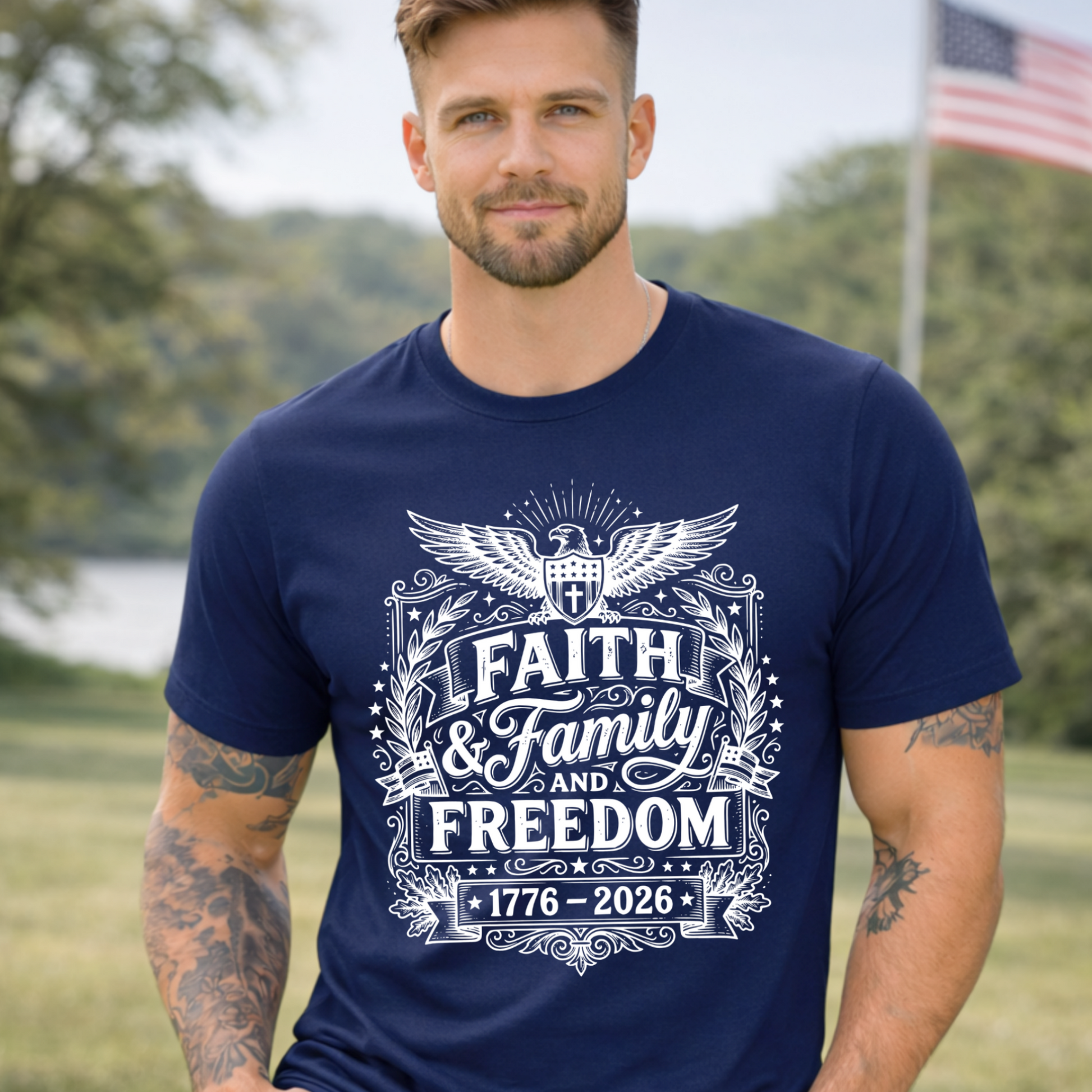 Man wearing a navy blue t-shirt with 'Faith & Family & Freedom' design outdoors.