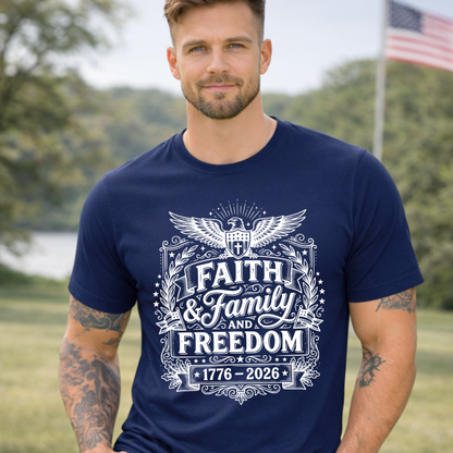 Man wearing a navy blue t-shirt with 'Faith & Family & Freedom' design outdoors.