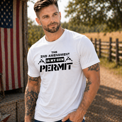 Man wearing a white 2nd Amendment Tshirt