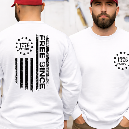 Man wearing a white sweatshirt with '1776 Patriot' design, facing away from the camera.