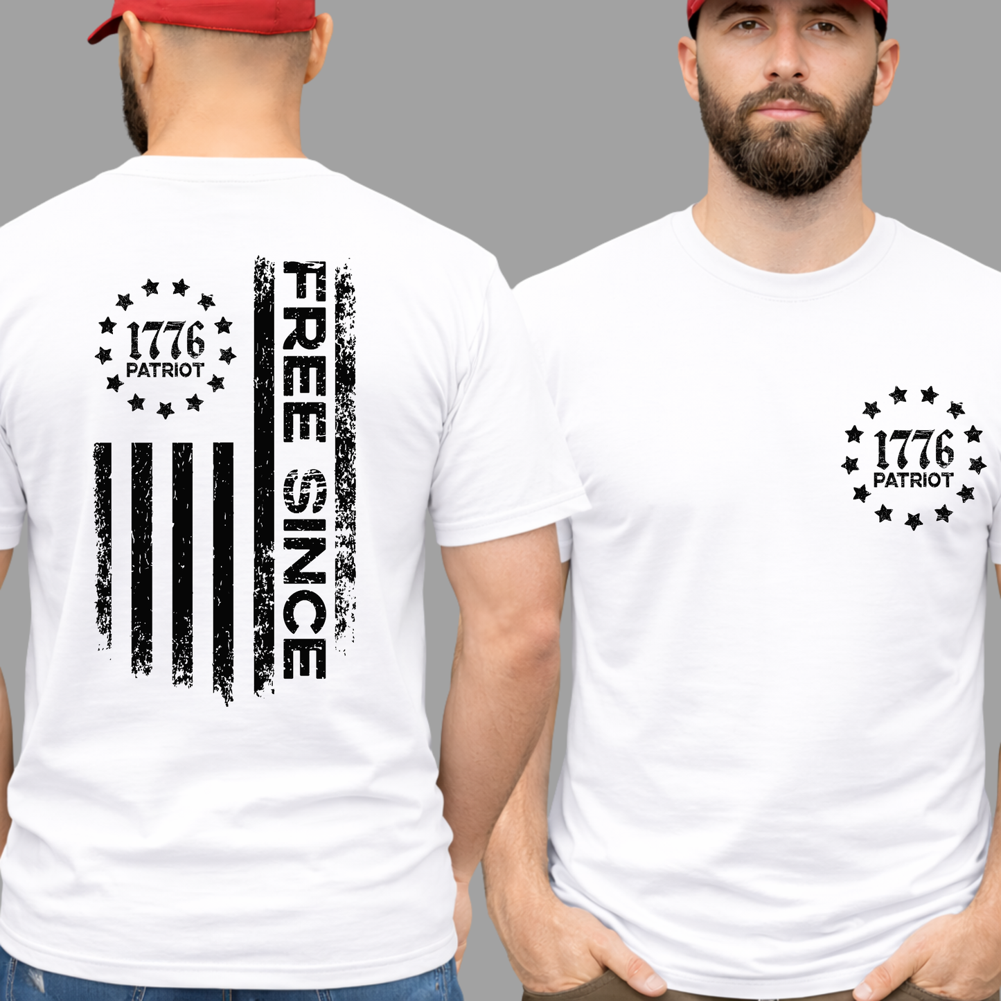Man wearing a white t-shirt with '1776 Patriot' design on a gray background