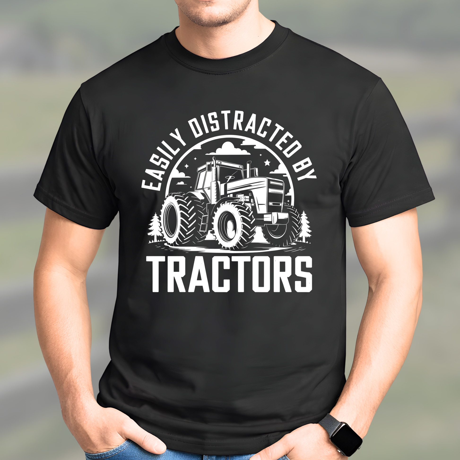 Man wearing black Easily Distracted by Tractors t-shirt