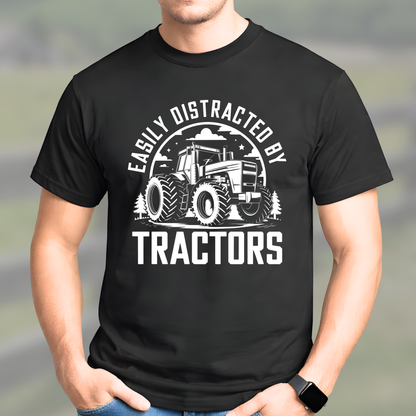 Man wearing black Easily Distracted by Tractors t-shirt