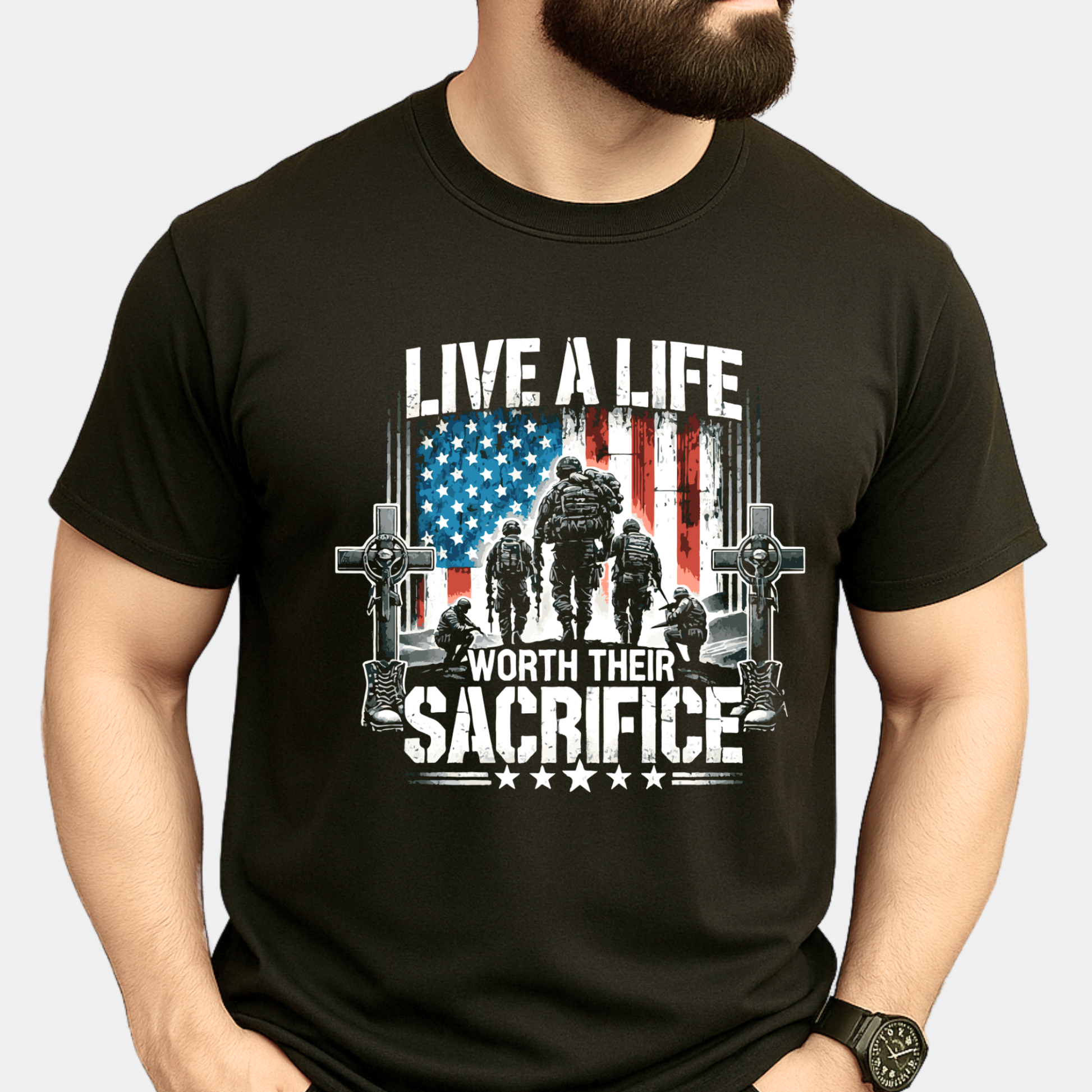 Black t-shirt with military-themed graphic and text 'Live a Life Worth Their Sacrifice' on a white background