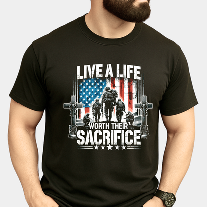 Black t-shirt with military-themed graphic and text 'Live a Life Worth Their Sacrifice' on a white background