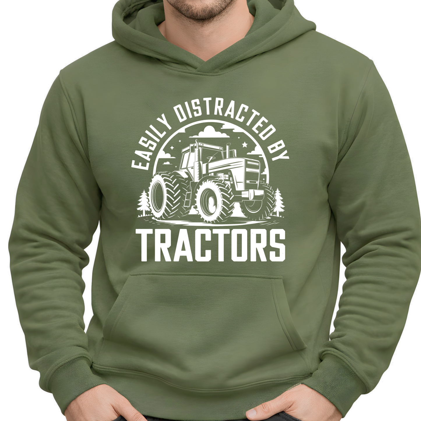 Man wearing military green Easily Distracted by Tractors hoodie