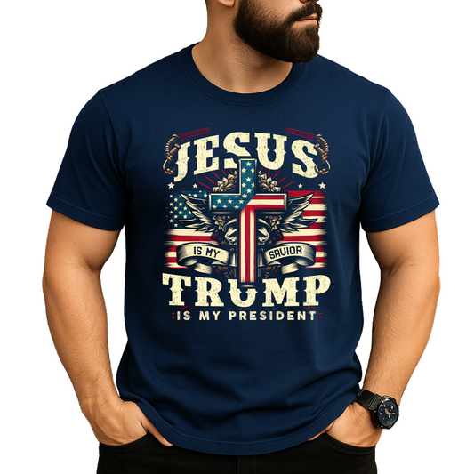 Man wearing navy T-shirt with patriotic cross and eagle graphic, vintage stars and stripes design.