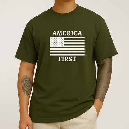 Man with rose tattoo on arm in military green America First t-shirt with white flag print