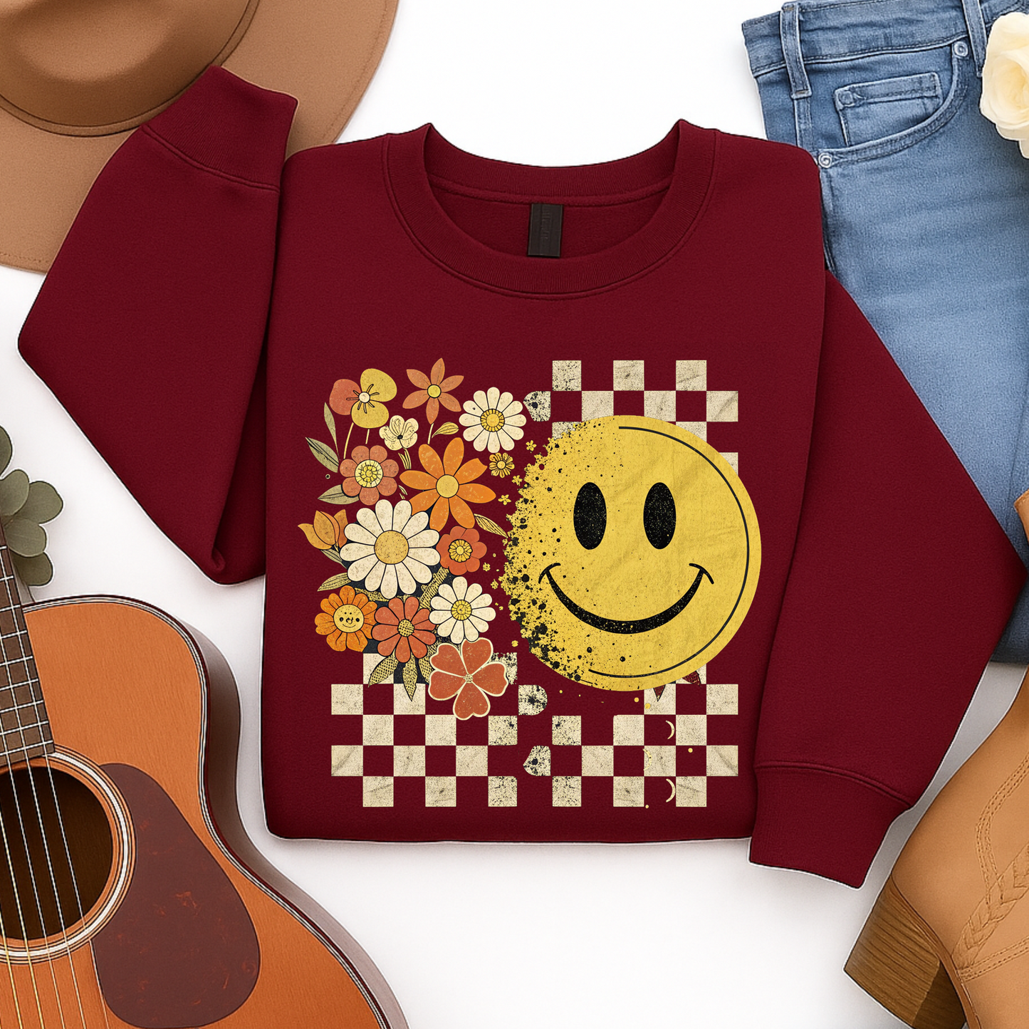Retro Smiley Face Fall Sweatshirt – Checkerboard Floral Pullover