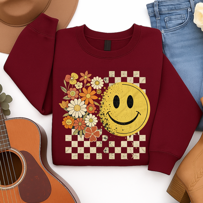 Retro Smiley Face Fall Sweatshirt – Checkerboard Floral Pullover