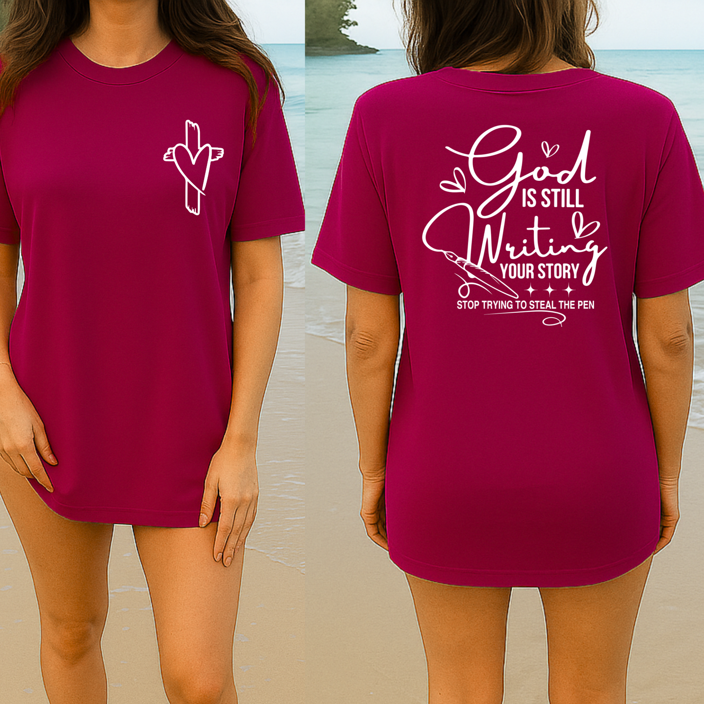 Maroon beach photo showcasing full back design in white text