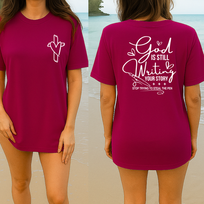 Maroon beach photo showcasing full back design in white text