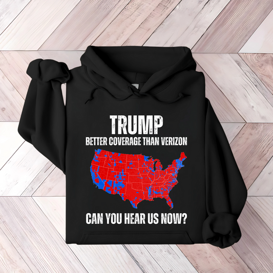 Black patriotic hoodie with red and blue USA map graphic and bold text design.