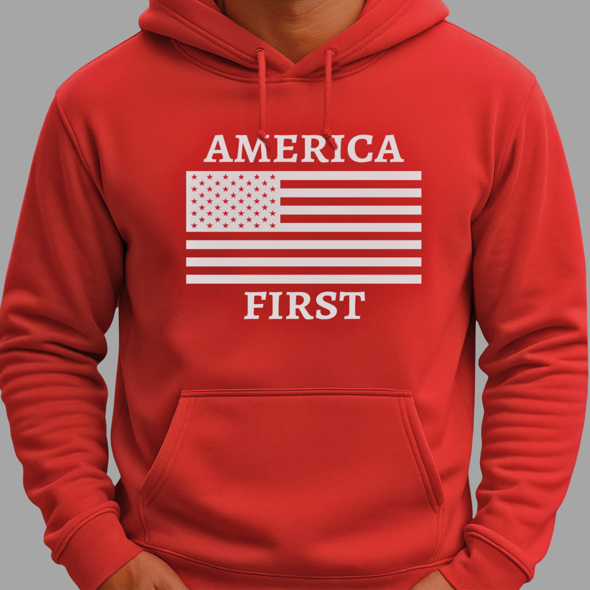 Men’s red America First pullover hoodie with USA flag