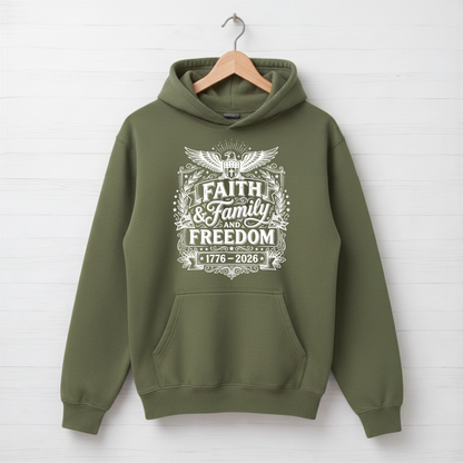 Green hoodie with 'Faith & Family Freedom' text on a white background