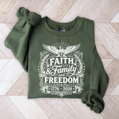 Green sweatshirt with 'Faith & Family & Freedom' text on a wooden floor