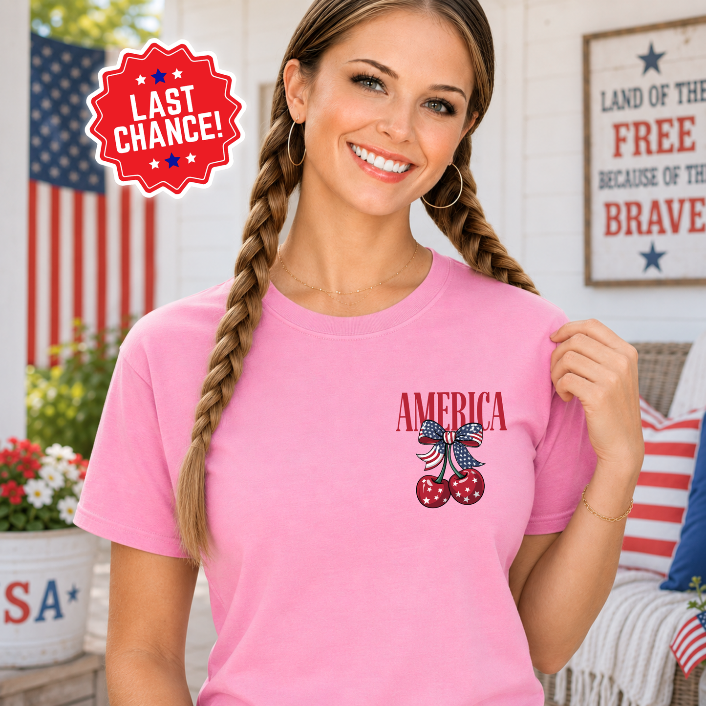 America Cherry Bow Pocket Tee – Pink Patriotic Graphic Shirt