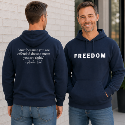 Front and back view of a man wearing a navy hoodie with FREEDOM on the front and a white quote graphic on the back.