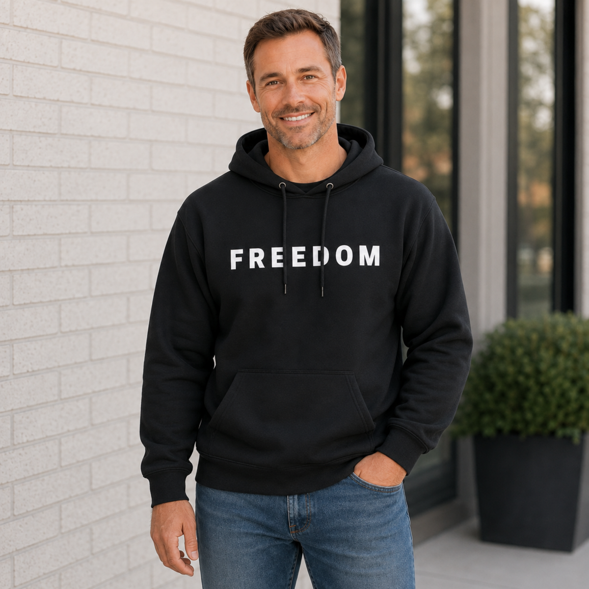 Man wearing a black hoodie with white FREEDOM lettering on the front.
