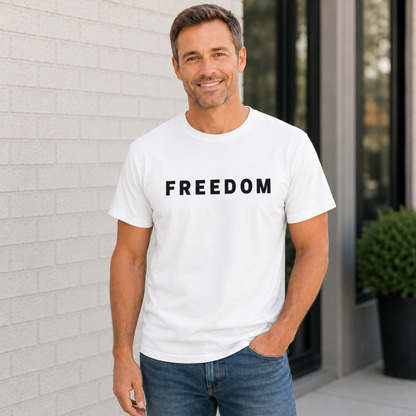 Man wearing a white T-shirt with black FREEDOM lettering on the front.