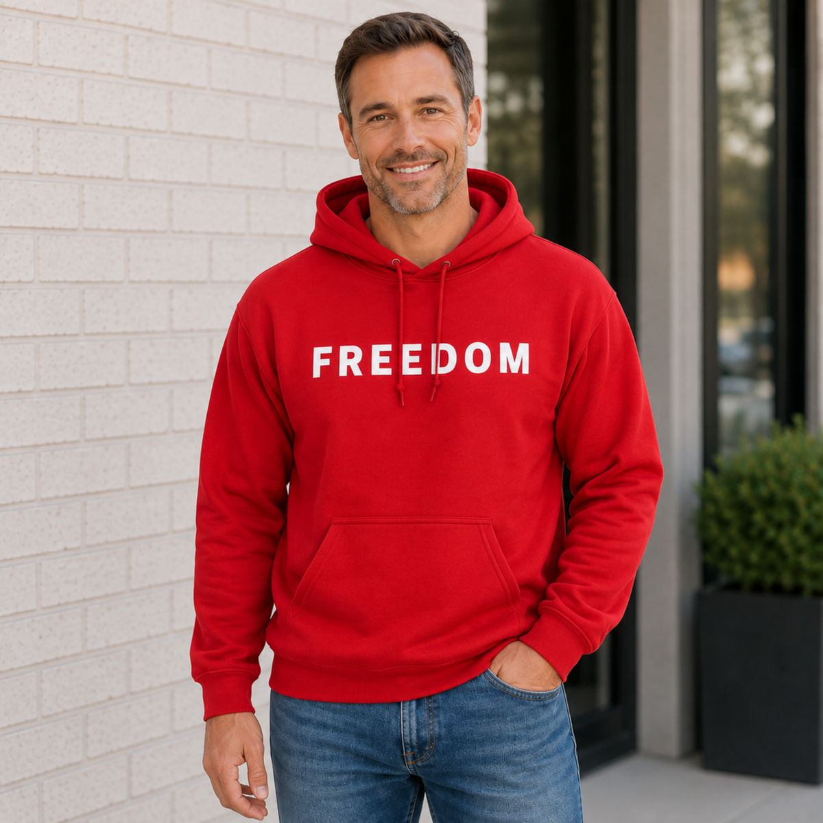 Man wearing a red hoodie with white FREEDOM lettering on the front.