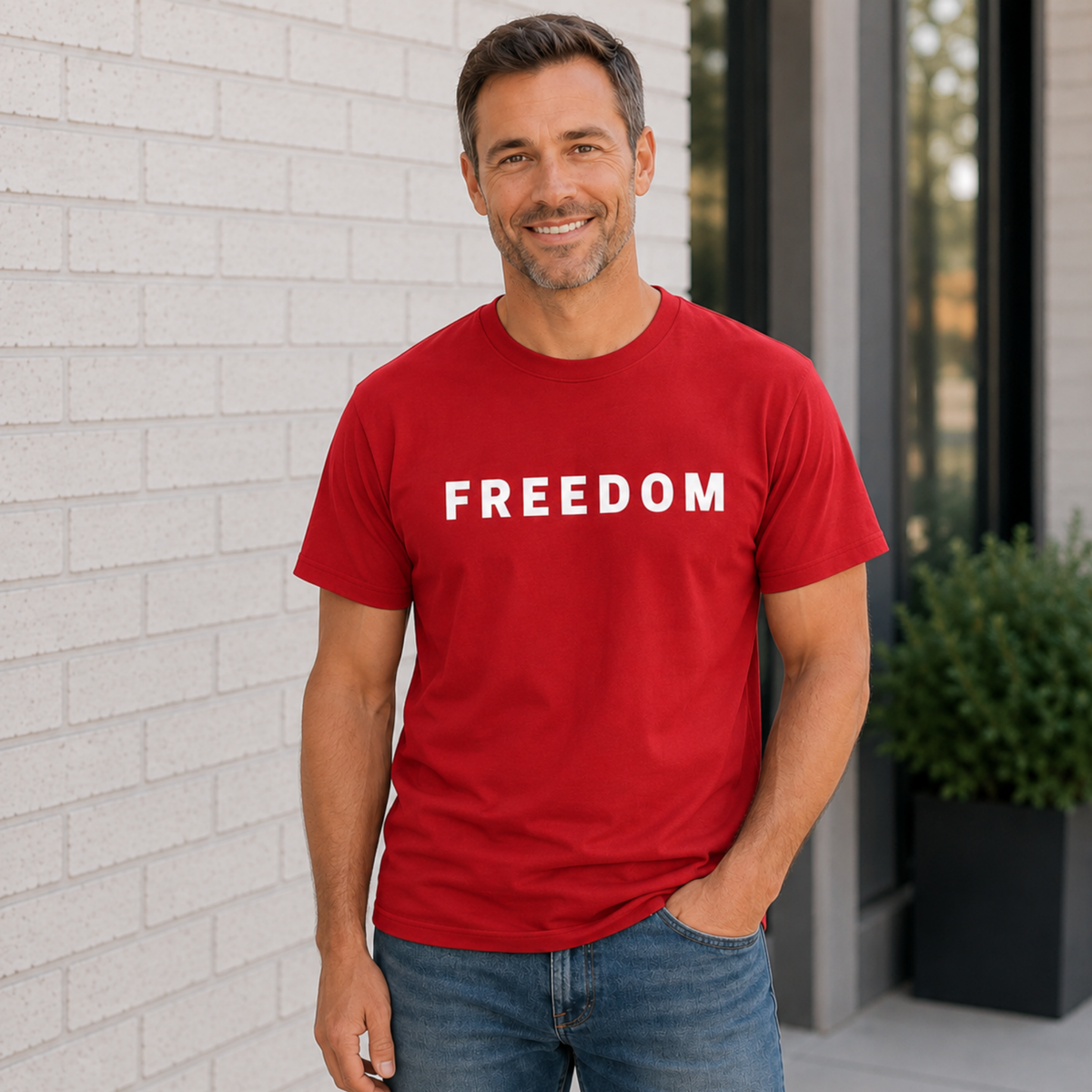 Man wearing a red T-shirt with white FREEDOM lettering on the front.