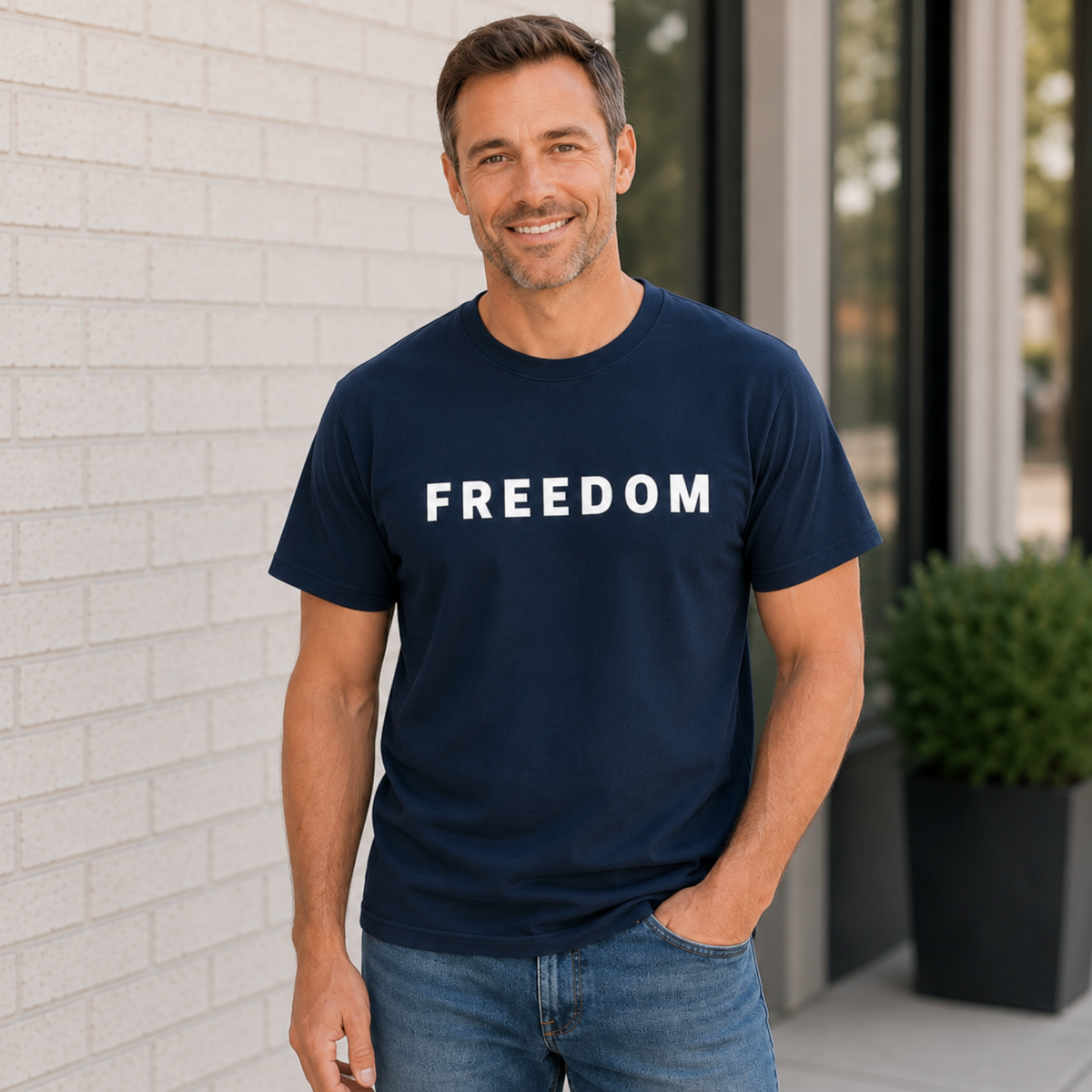 Man wearing a navy T-shirt with white FREEDOM lettering on the front.