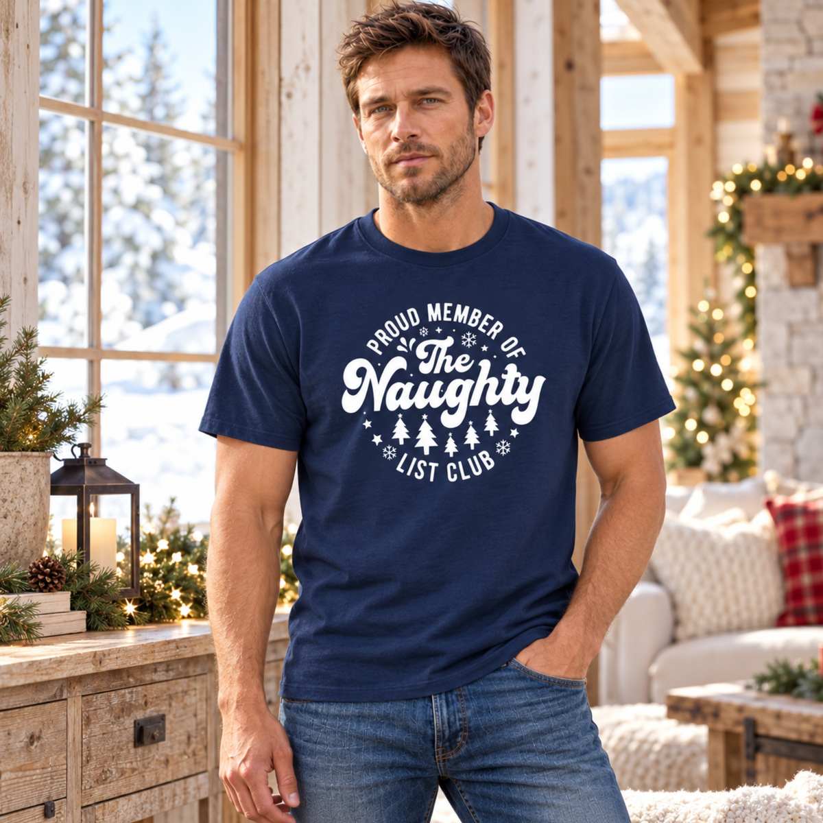 Man wearing a navy T-shirt with a white Proud Member of the Naughty List Club design in a bright holiday cabin.