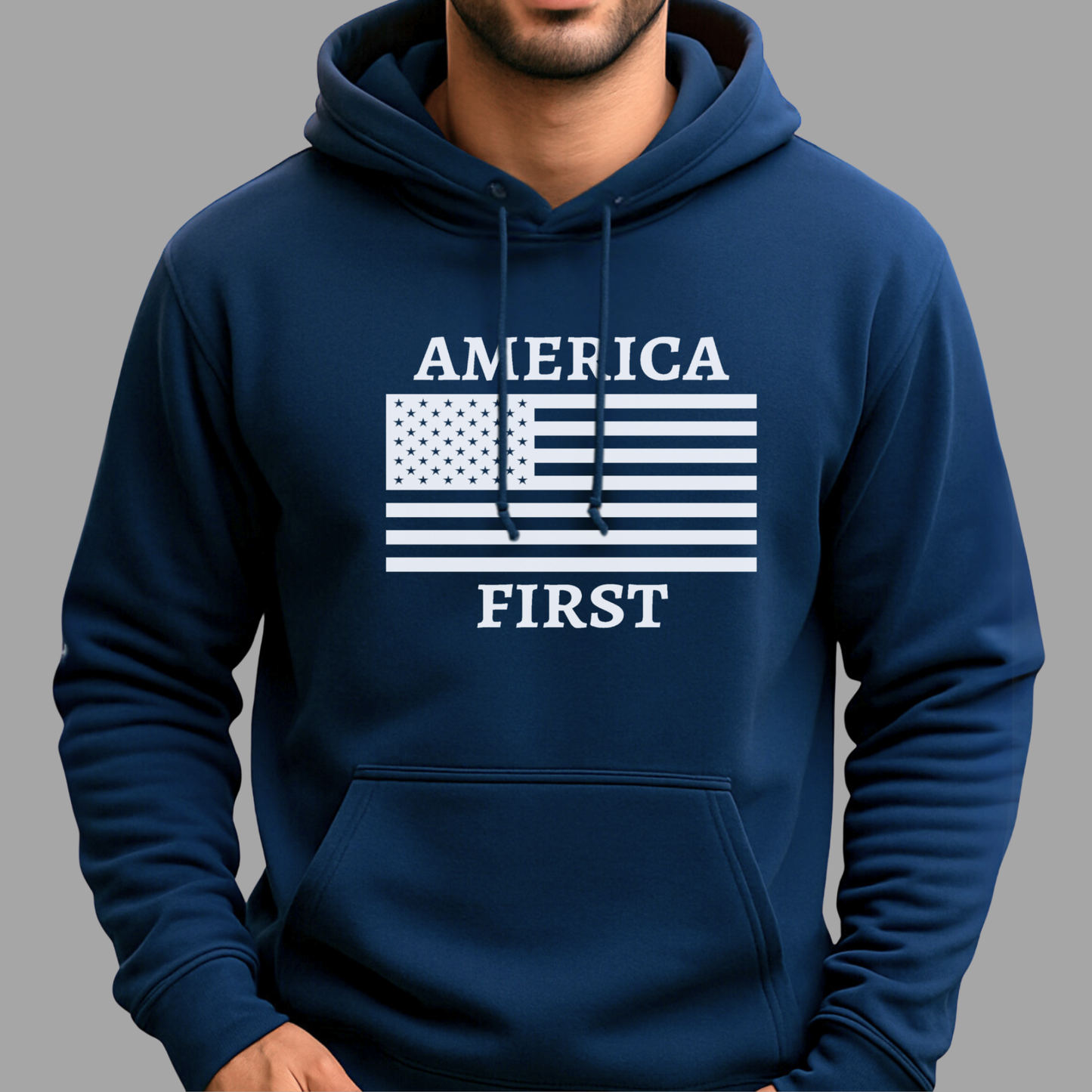 Men’s Navy Blue America First hoodie outdoor lifestyle photo