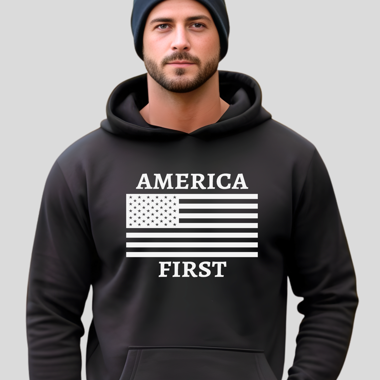 Men’s black America First hoodie with American flag graphic