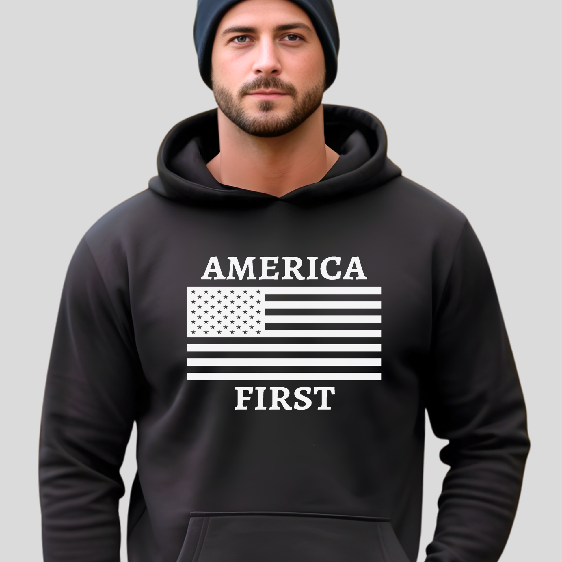 Men’s black America First hoodie with American flag graphic