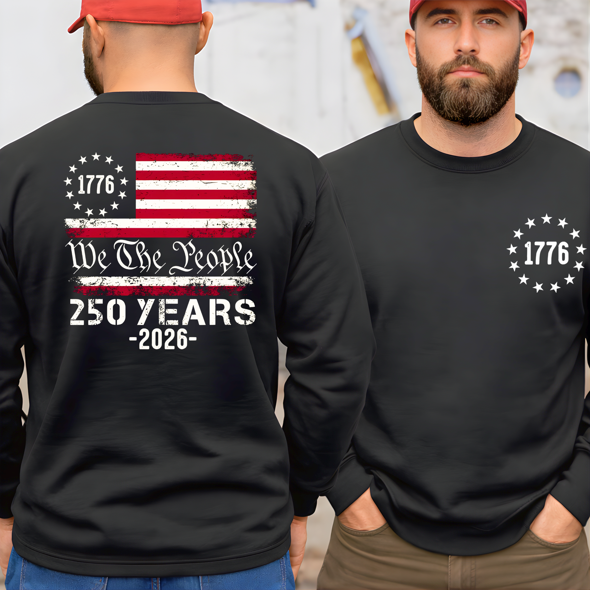 Men’s black patriotic crewneck sweatshirt front view with subtle 1776 emblem
