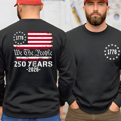 Men’s black patriotic crewneck sweatshirt front view with subtle 1776 emblem
