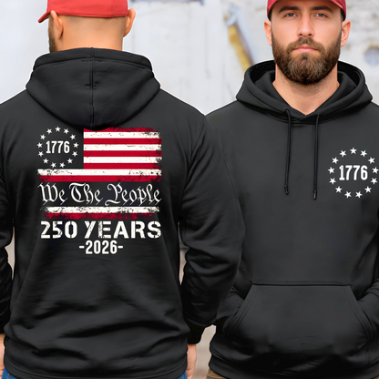  Men’s black patriotic pullover hoodie front view with 1776 star circle chest print
