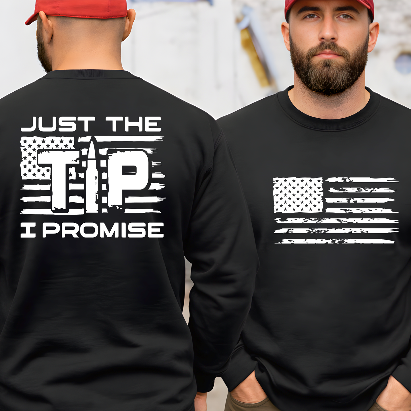 Men’s black patriotic sweatshirt front and back view with distressed American flag graphic