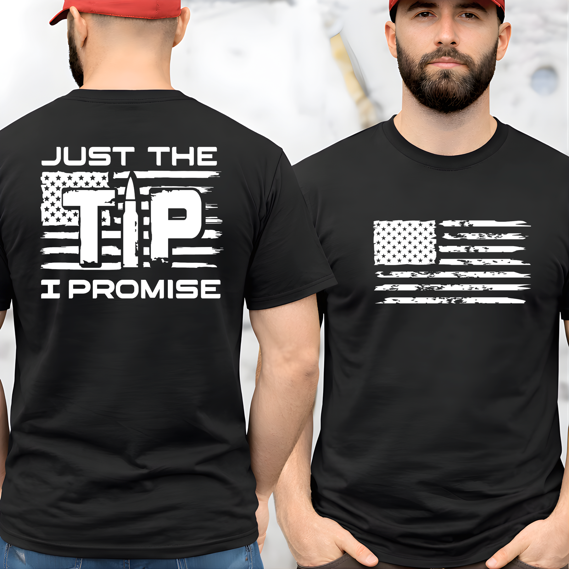 Person wearing a black t-shirt with an American flag design and text on the front, displayed from both sides.