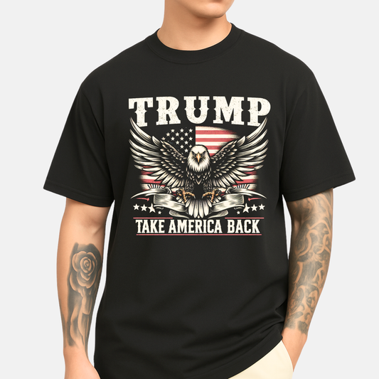 Black t-shirt with eagle graphic and text 'TRUMP Take America Back' on a plain background