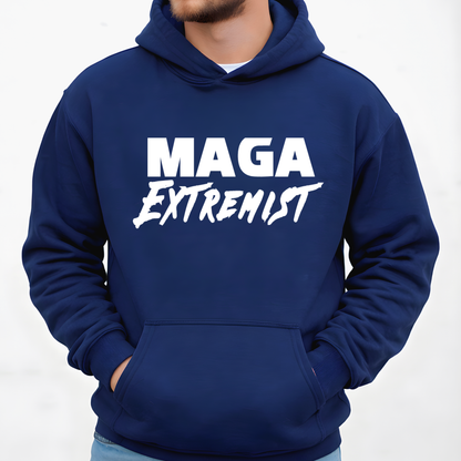 Navy blue hoodie with 'MAGA Extremist' text on a white background
