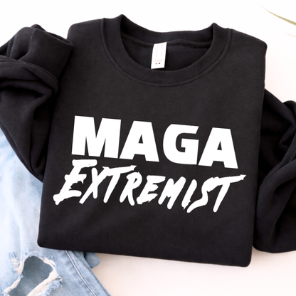 Black sweatshirt with 'MAGA Extremist' text on a white background