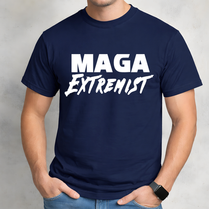 Navy blue t-shirt with 'MAGA Extremist' text worn by a person on a plain background