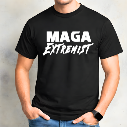 Black t-shirt with 'MAGA Extremist' text worn by a person against a neutral background