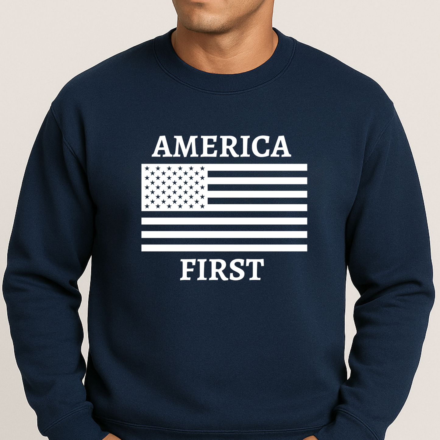 Men’s navy America First sweatshirt with American flag graphic