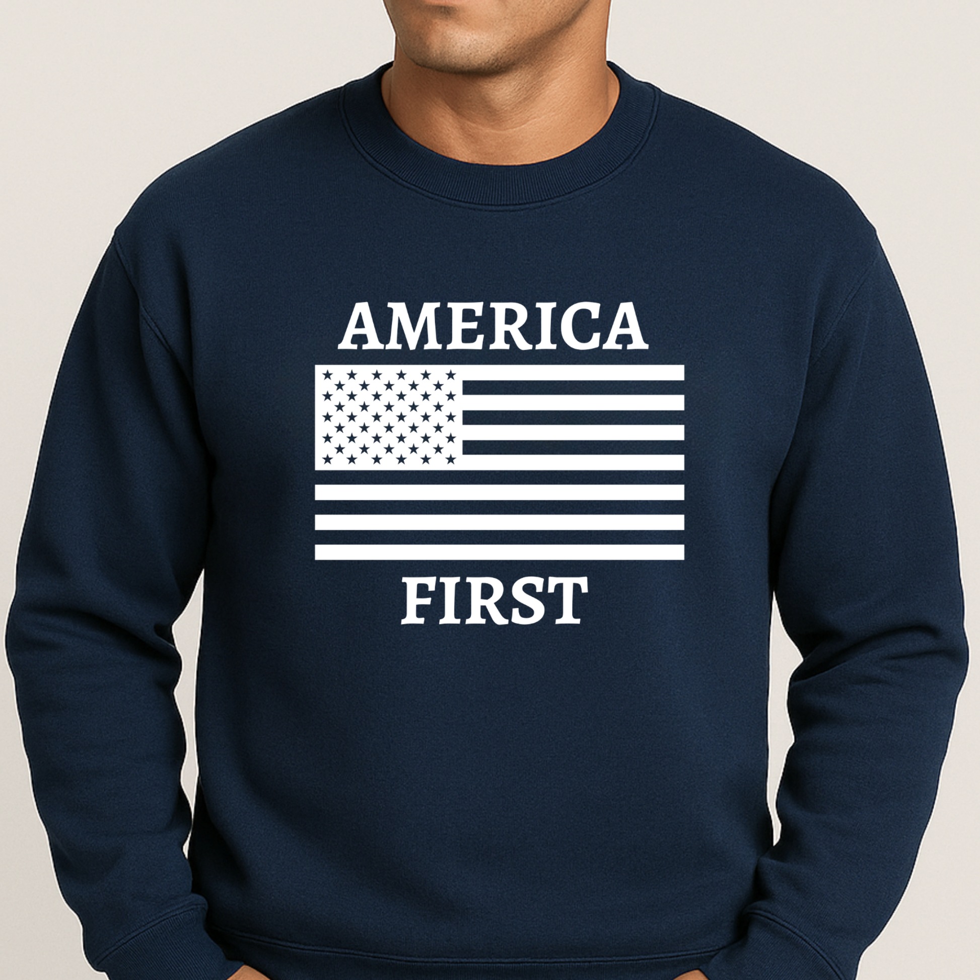 Men’s navy America First sweatshirt with American flag graphic
