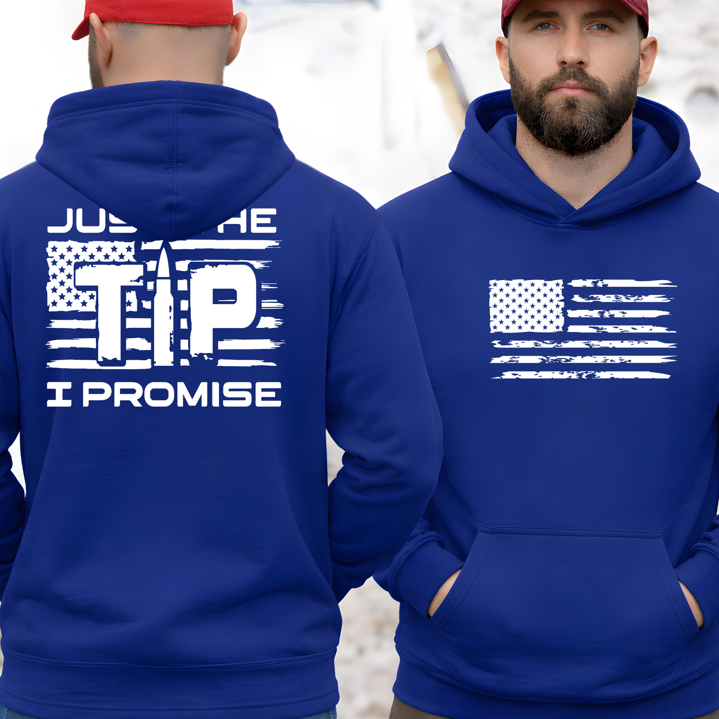 Men’s navy blue patriotic hoodie front and back view with bold graphic back print